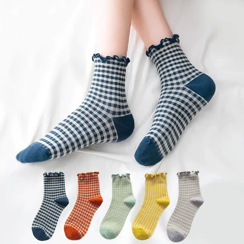 Viertelsocken mit Rüschenkaromuster (6 Paar) - image 0