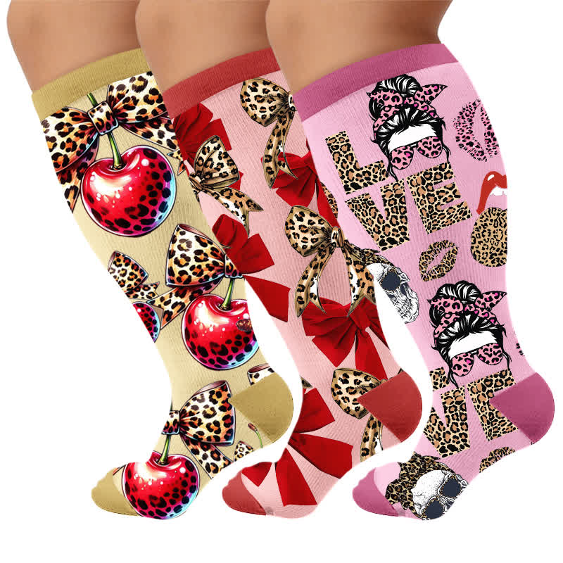 Plus Size Love Leopard Kompressionsstrümpfe - Mehrfarbig (3 Paare) - 4XL - image 1