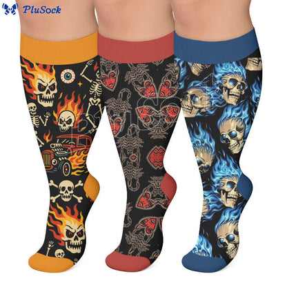 Gothic-Kompressionsstrümpfe in Übergröße mit Totenkopf- und Flammenmuster - image 0