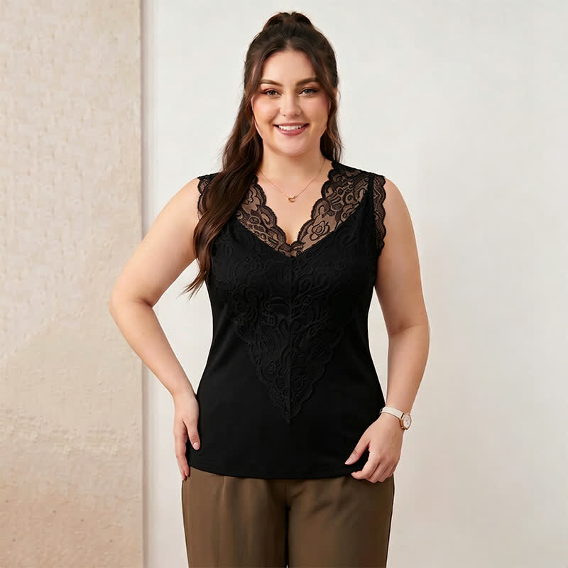 Plus Size Spitzen-Tanktop mit V-Ausschnitt - Schwarz - 4XL - image 1