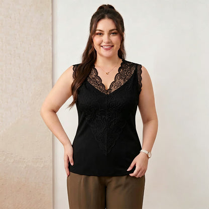Plus Size Spitzen-Tanktop mit V-Ausschnitt - Schwarz - 4XL - image 1