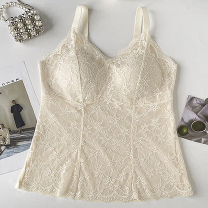 Plus Size Spitzen-Tanktop mit V-Ausschnitt (2-teilig) - Beige - XXXL - image 9