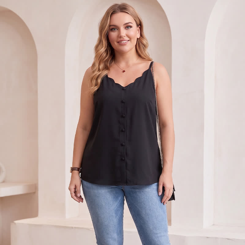 Plus Size Tanktop mit Knopfleiste vorne und V-Ausschnitt (2-teilig) - Schwarz - 3XL - image 3