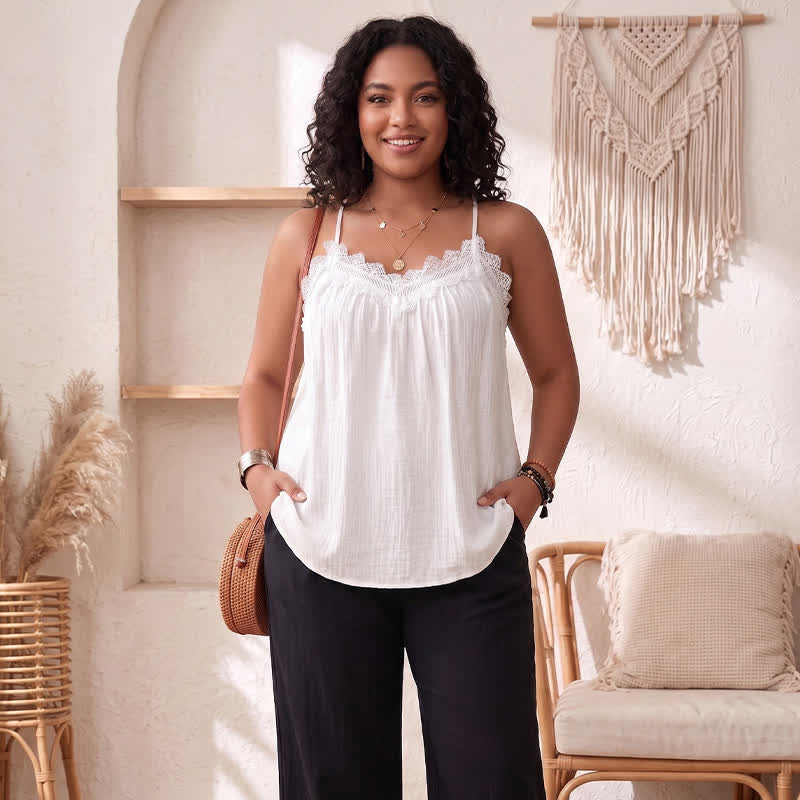 Plus Size Spitzenbesatz-Tanktop - Weiß - 3XL - image 4
