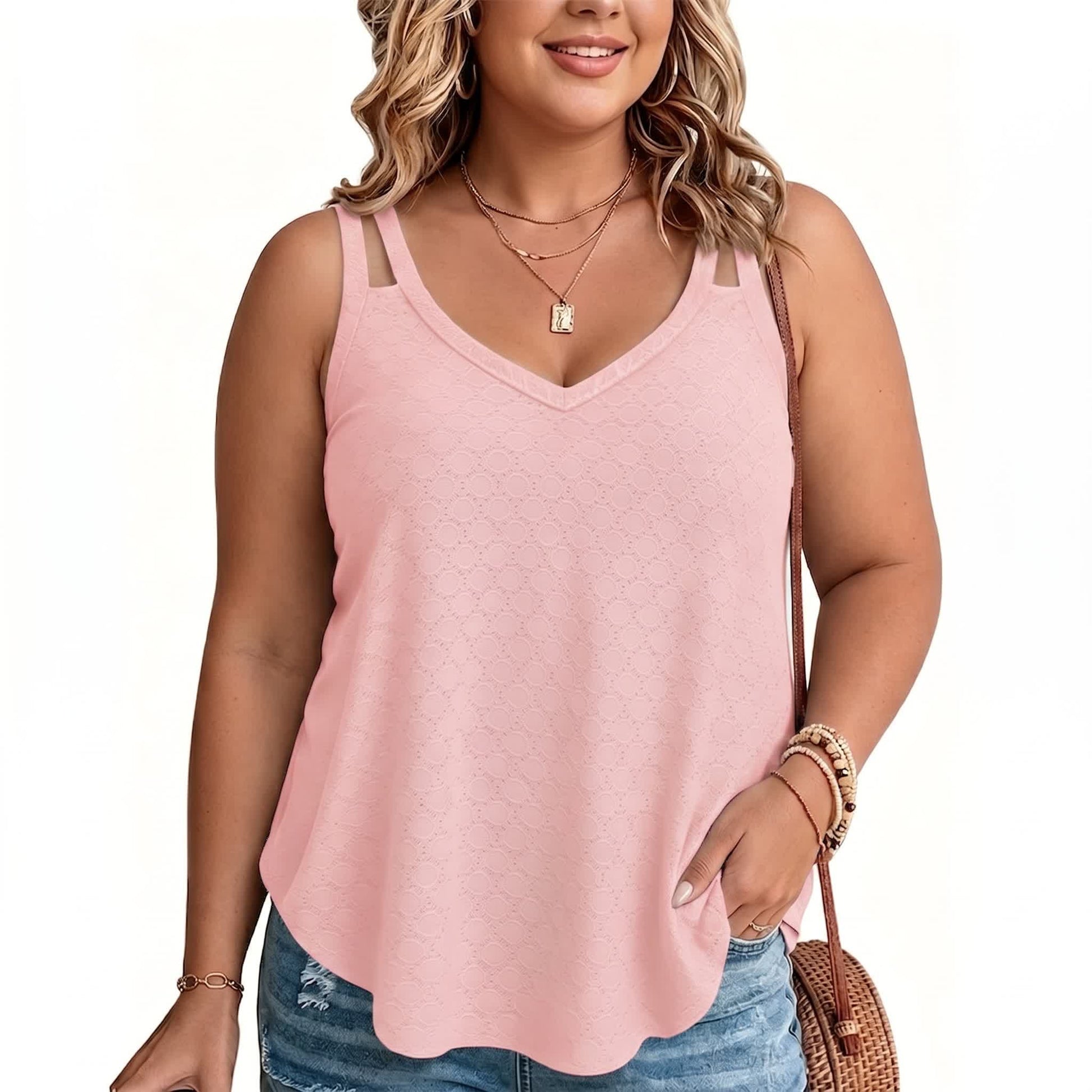 Plus Size Tanktop mit Struktur und V-Ausschnitt - Rosa - 5XL - image 9