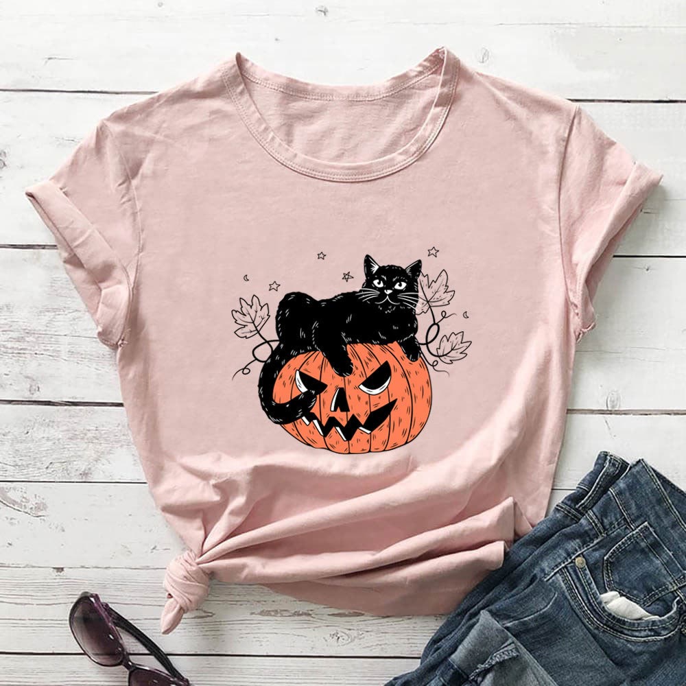 Kurzarm-T-Shirt mit Katzen-Kürbis-Print in Übergröße - Hellrosa - 3XL - image 1