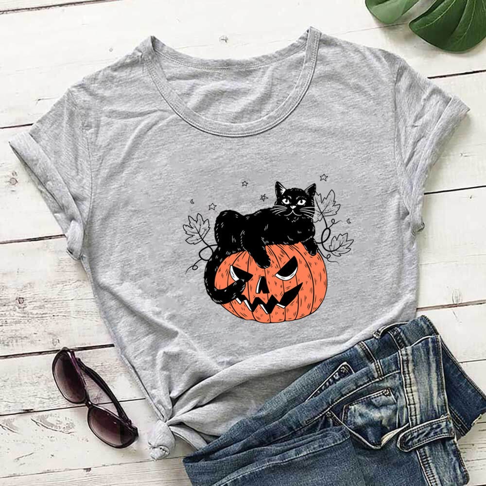 Kurzarm-T-Shirt mit Katzen-Kürbis-Print in Übergröße - Grau - 3XL - image 2