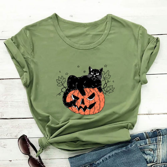 Kurzarm-T-Shirt mit Katzen-Kürbis-Print in Übergröße - Grün - 3XL - image 0