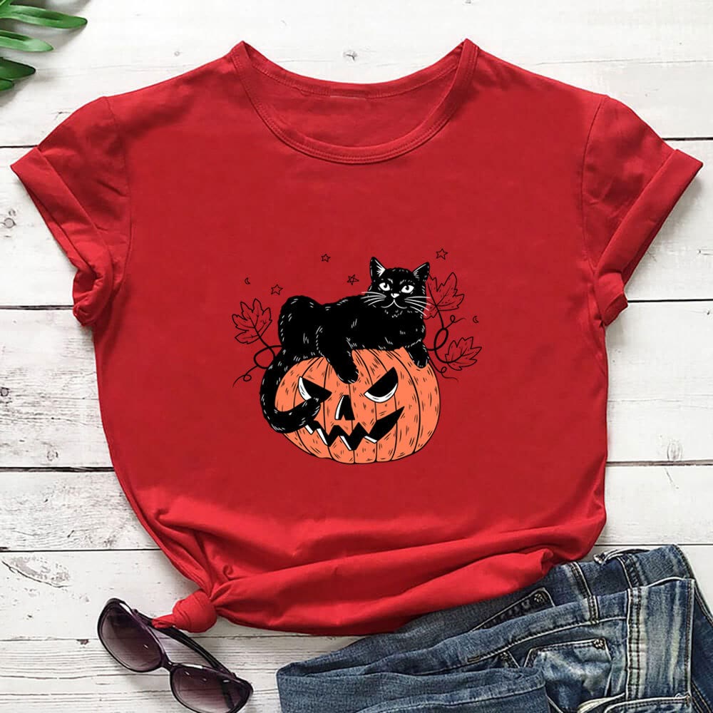 Kurzarm-T-Shirt mit Katzen-Kürbis-Print in Übergröße - Rot - 3XL - image 3