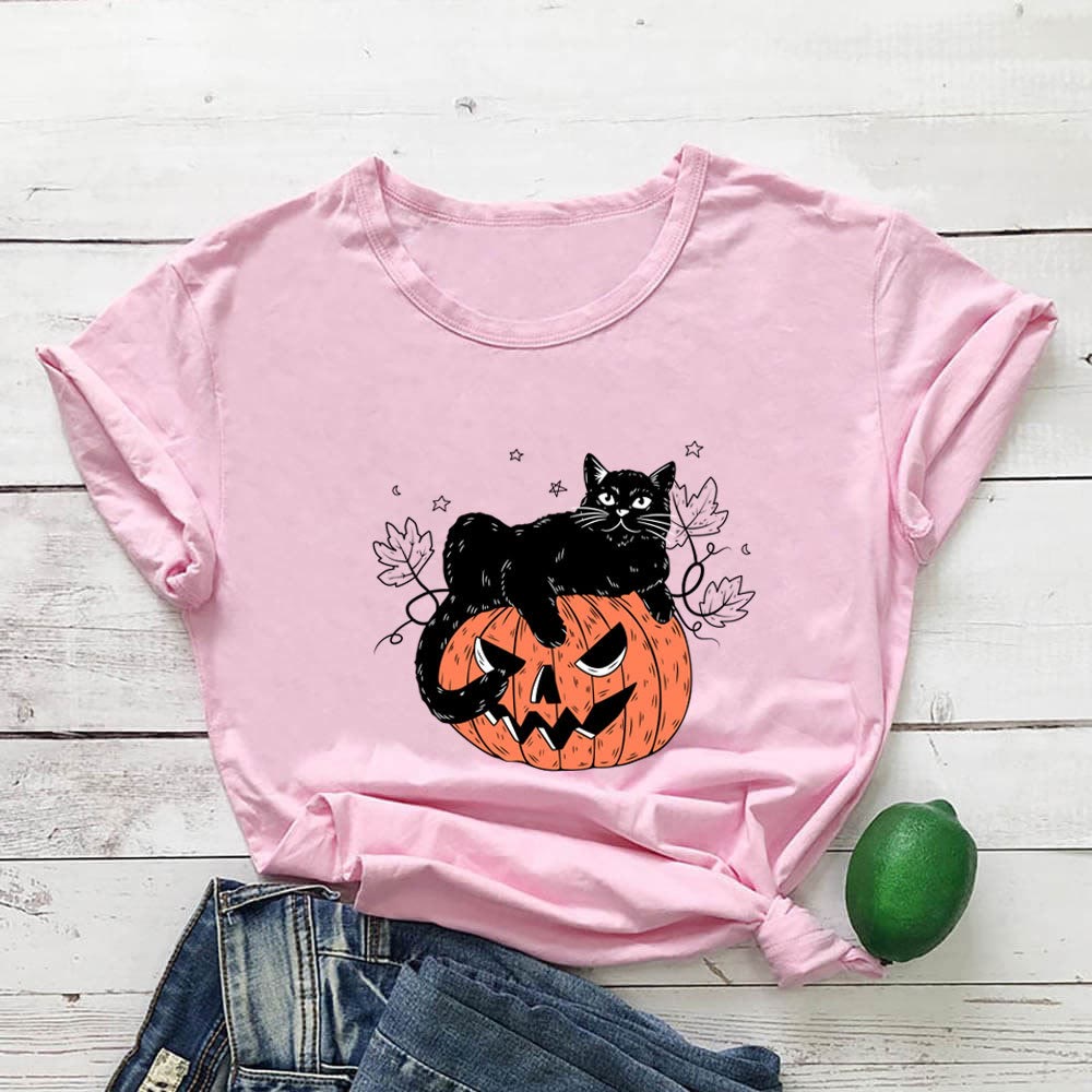 Kurzarm-T-Shirt mit Katzen-Kürbis-Print in Übergröße - Rosa - 3XL - image 4
