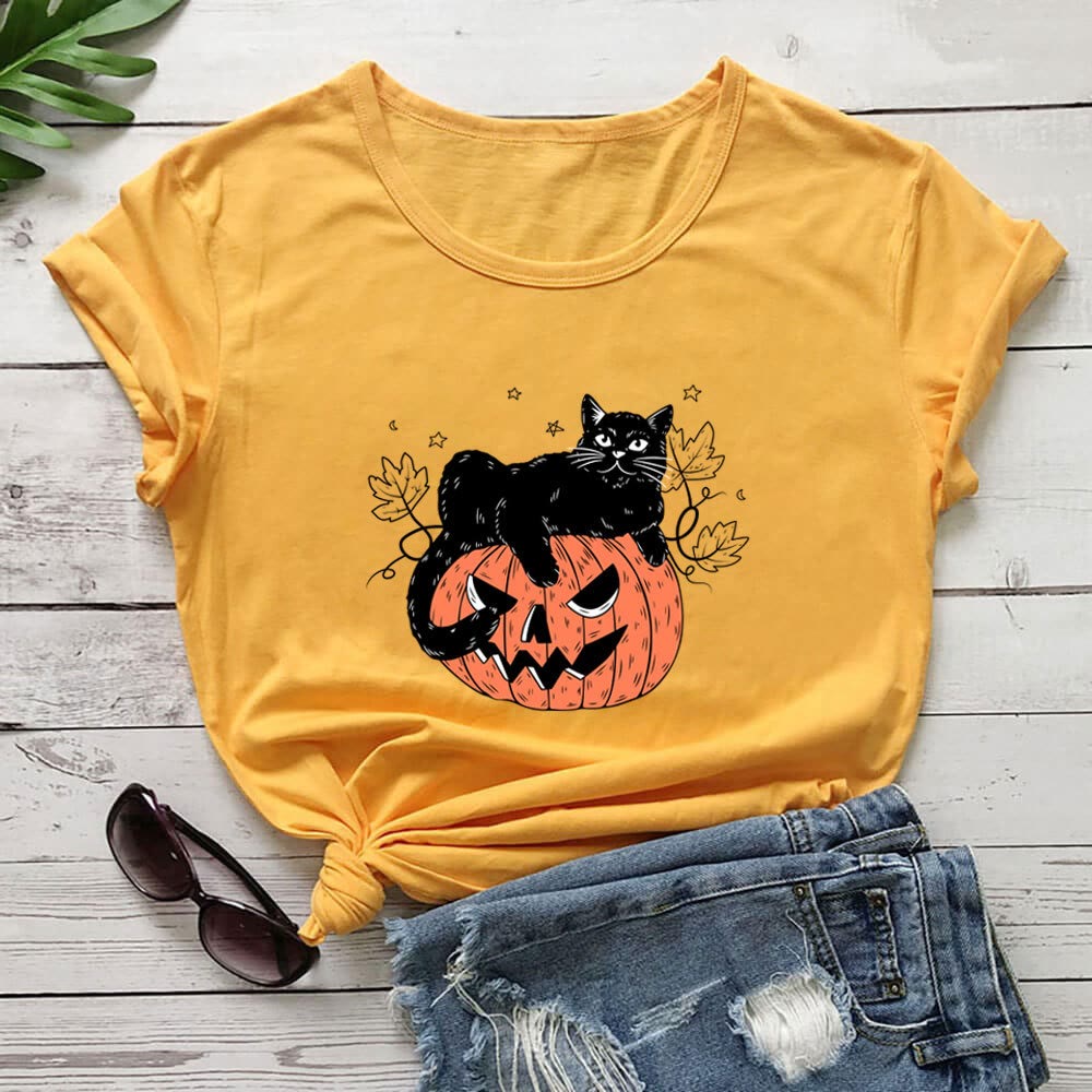 Kurzarm-T-Shirt mit Katzen-Kürbis-Print in Übergröße - Gelb - 3XL - image 6