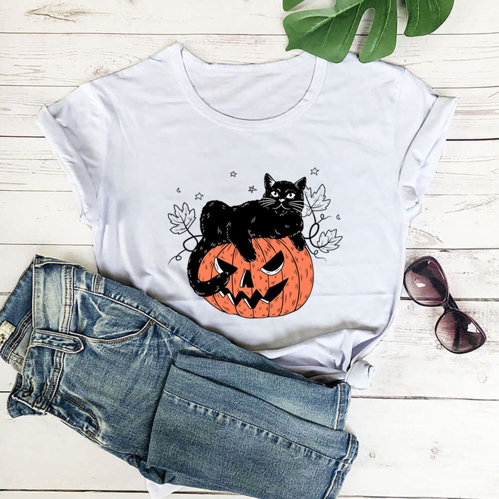Kurzarm-T-Shirt mit Katzen-Kürbis-Print in Übergröße - Weiß - 3XL - image 5