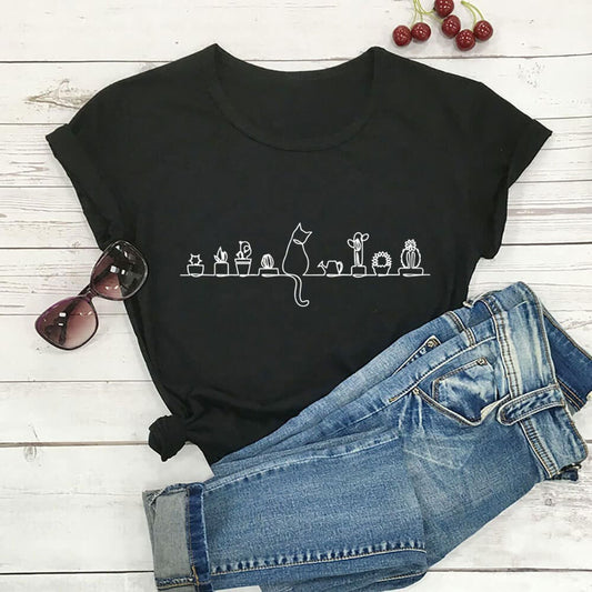Plus Size Katzenblumen Kurzarm-T-Shirt - Schwarz - 3XL - image 0