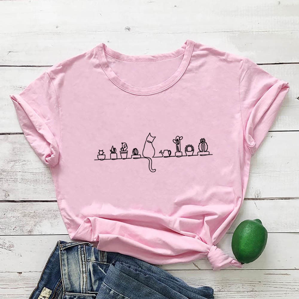 Plus Size Katzenblumen Kurzarm-T-Shirt - Rosa - 3XL - image 3