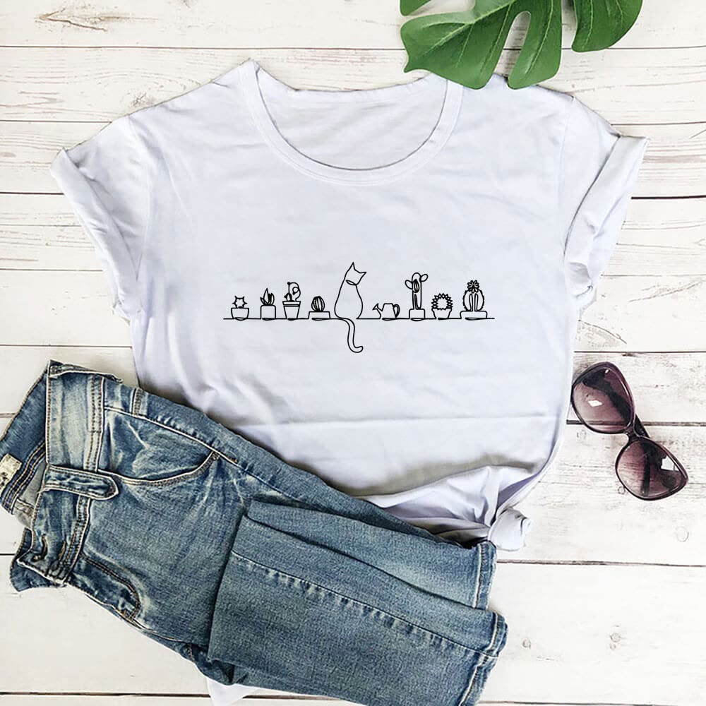 Plus Size Katzenblumen Kurzarm-T-Shirt - Weiß - 3XL - image 2