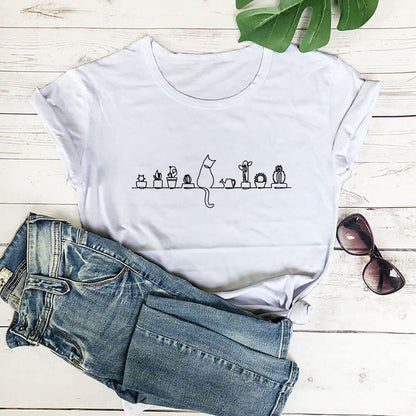 Plus Size Katzenblumen Kurzarm-T-Shirt - Weiß - 3XL - image 2