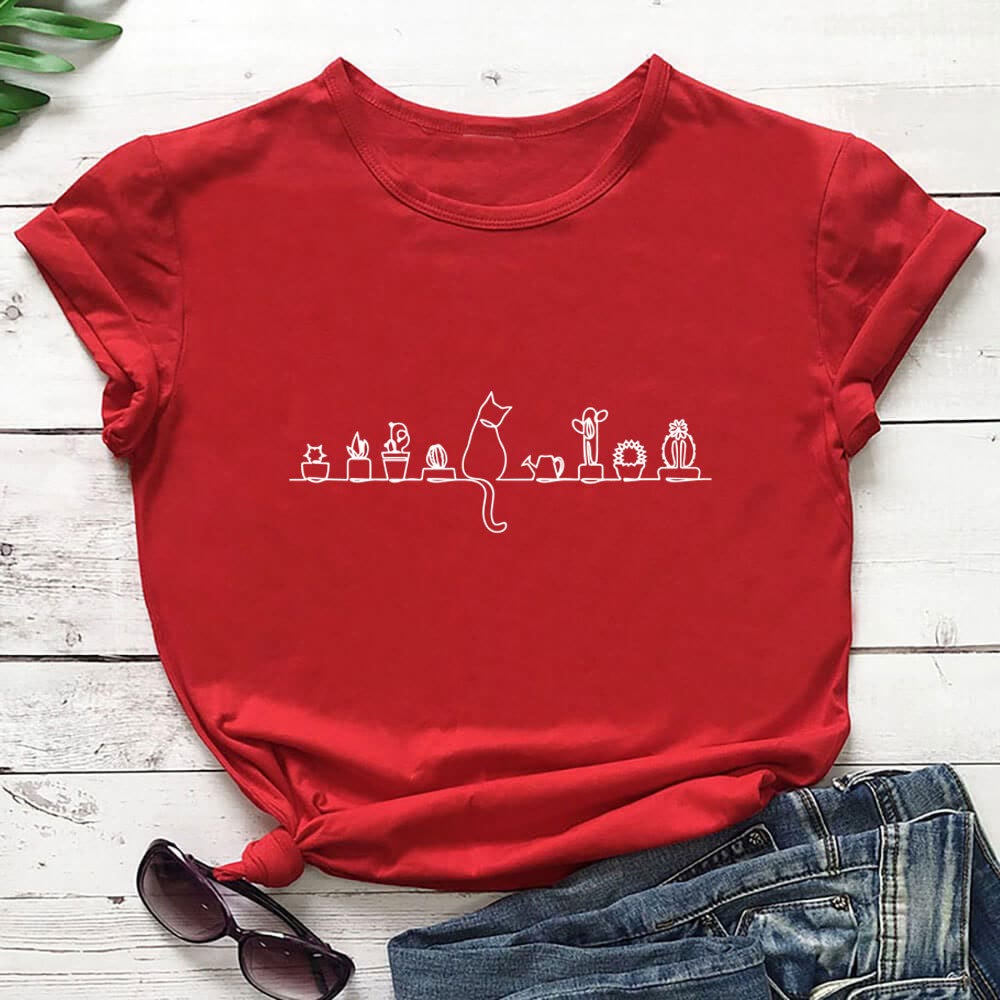 Plus Size Katzenblumen Kurzarm-T-Shirt - Rot - 3XL - image 4