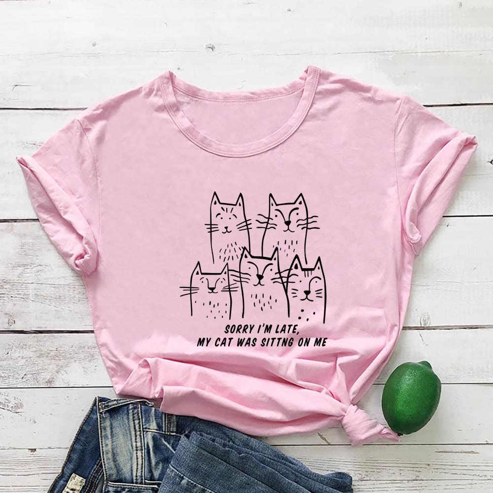 Plus Size Katzen-T-Shirt mit lustigem Buchstabenaufdruck und kurzen Ärmeln - Rosa - 3XL - image 3
