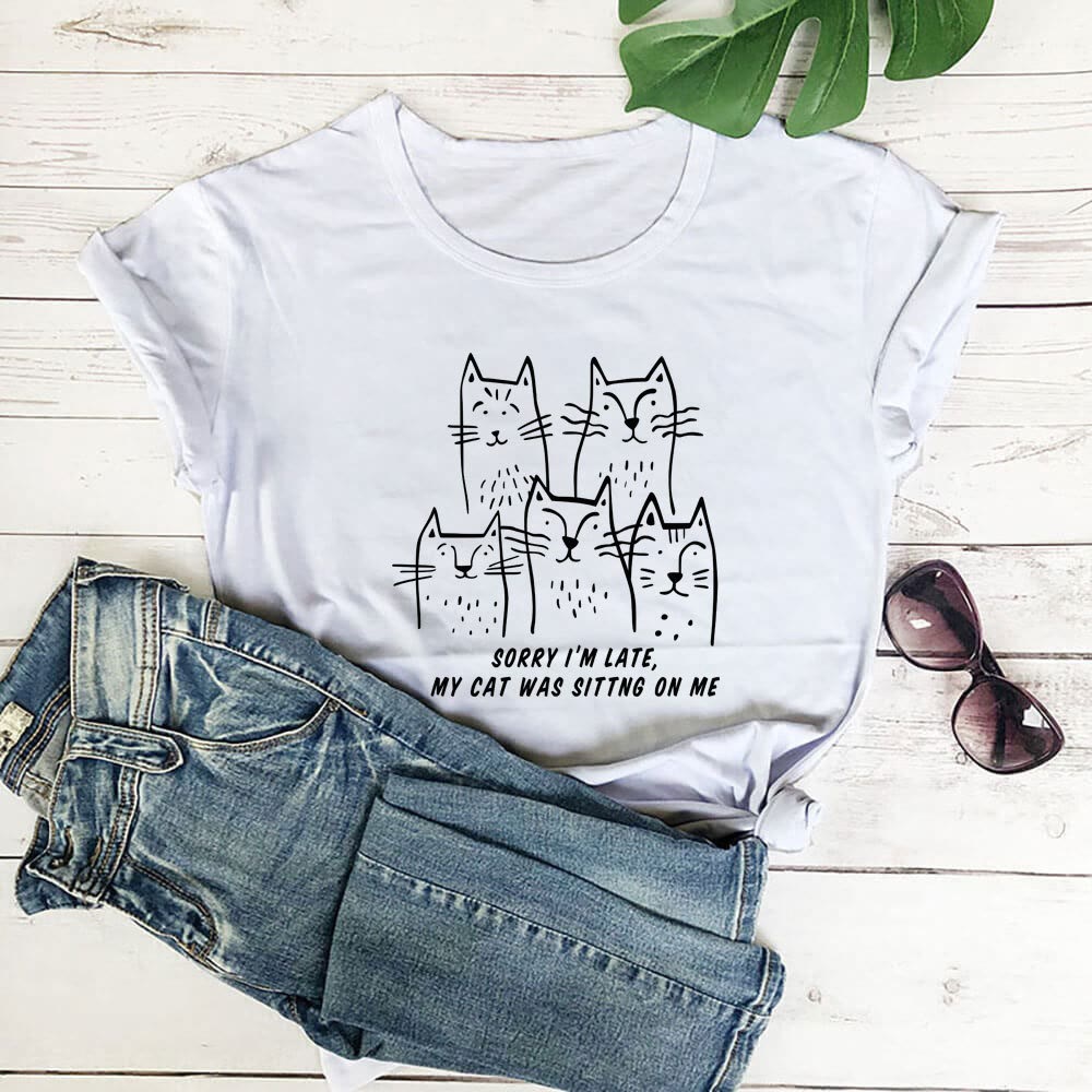Plus Size Katzen-T-Shirt mit lustigem Buchstabenaufdruck und kurzen Ärmeln - Weiß - 3XL - image 4