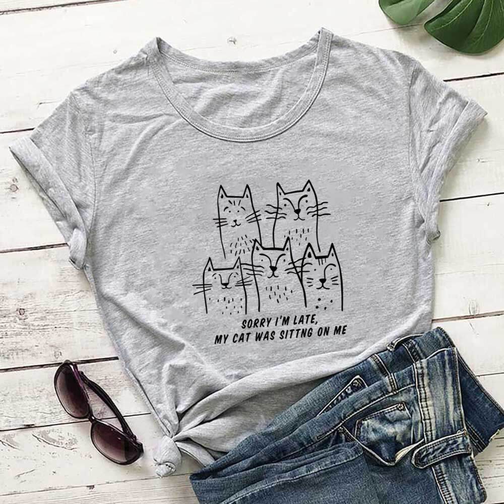Plus Size Katzen-T-Shirt mit lustigem Buchstabenaufdruck und kurzen Ärmeln - Grau - 3XL - image 0