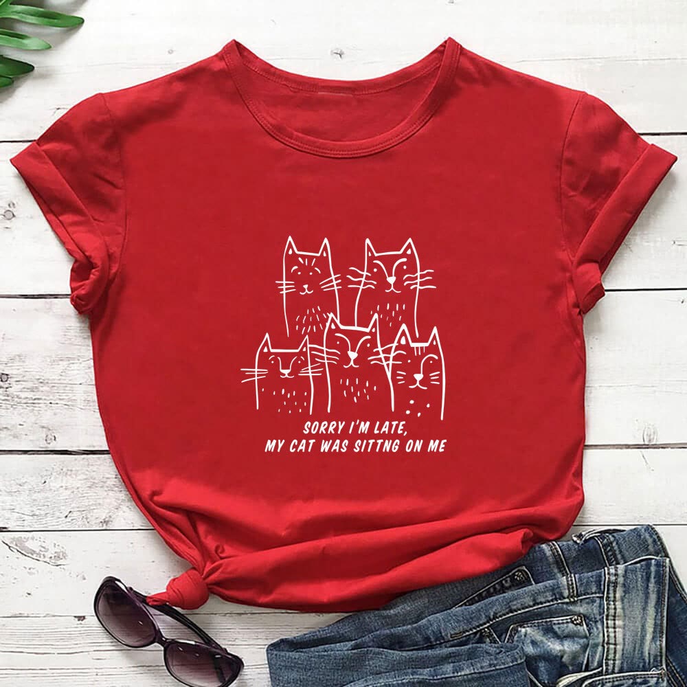 Plus Size Katzen-T-Shirt mit lustigem Buchstabenaufdruck und kurzen Ärmeln - Rot - 3XL - image 2