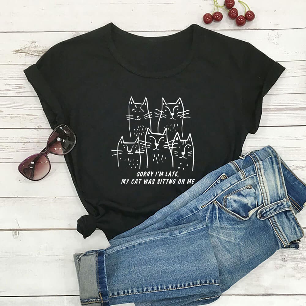 Plus Size Katzen-T-Shirt mit lustigem Buchstabenaufdruck und kurzen Ärmeln - Schwarz - 3XL - image 1