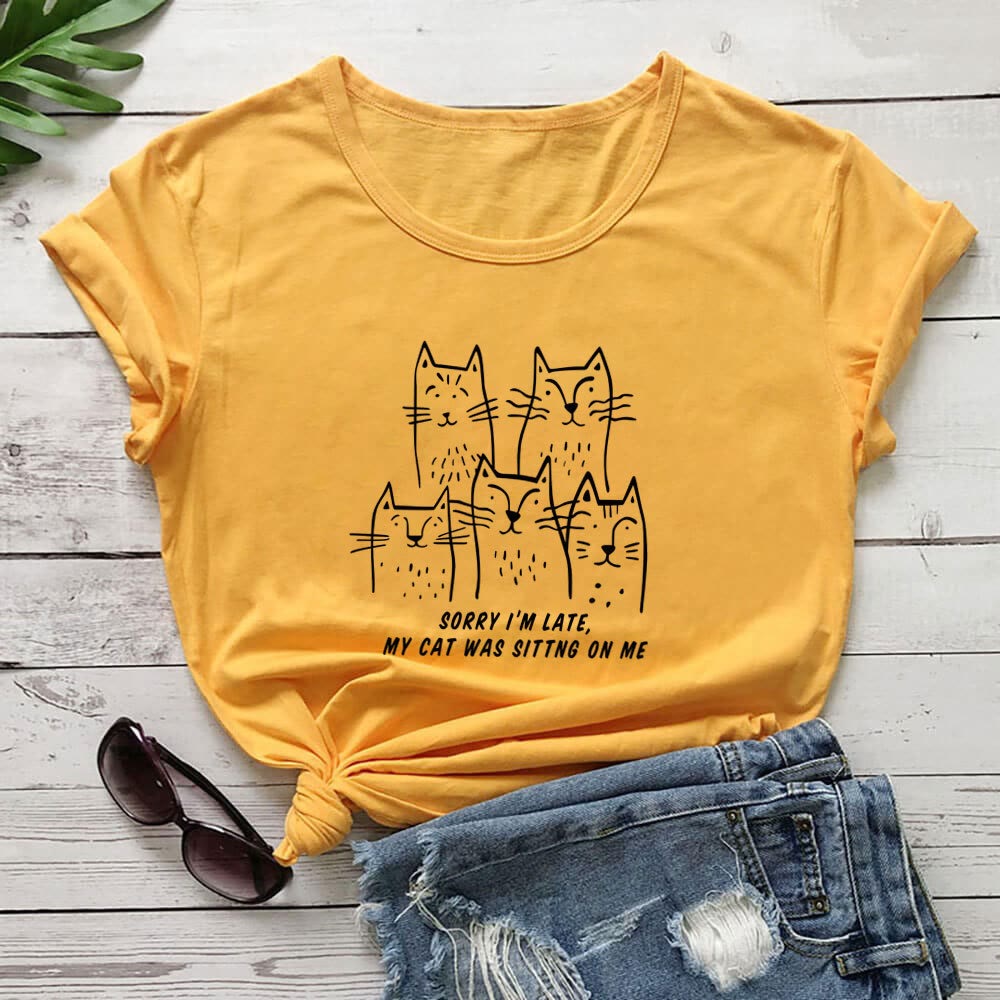 Plus Size Katzen-T-Shirt mit lustigem Buchstabenaufdruck und kurzen Ärmeln - Gelb - 3XL - image 5