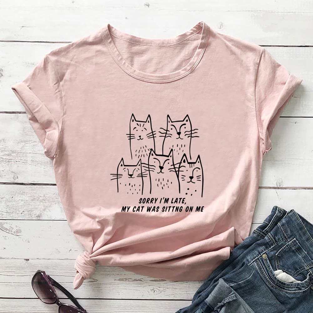 Plus Size Katzen-T-Shirt mit lustigem Buchstabenaufdruck und kurzen Ärmeln - Hellrosa - 3XL - image 6
