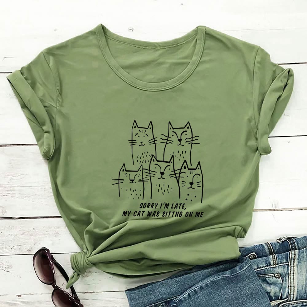 Plus Size Katzen-T-Shirt mit lustigem Buchstabenaufdruck und kurzen Ärmeln - Grün - 3XL - image 7