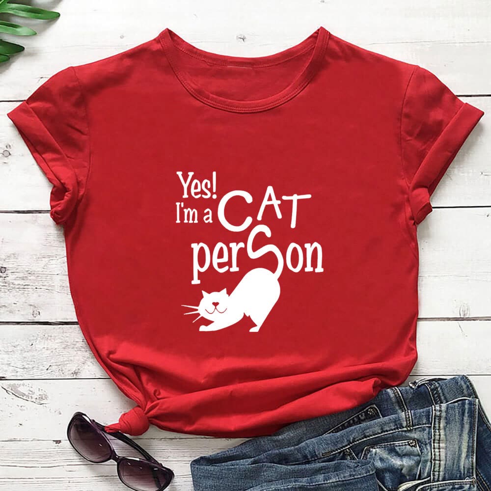 Plus Size Cat Person Letter Kurzarm-T-Shirt - Rot - 3XL - image 4