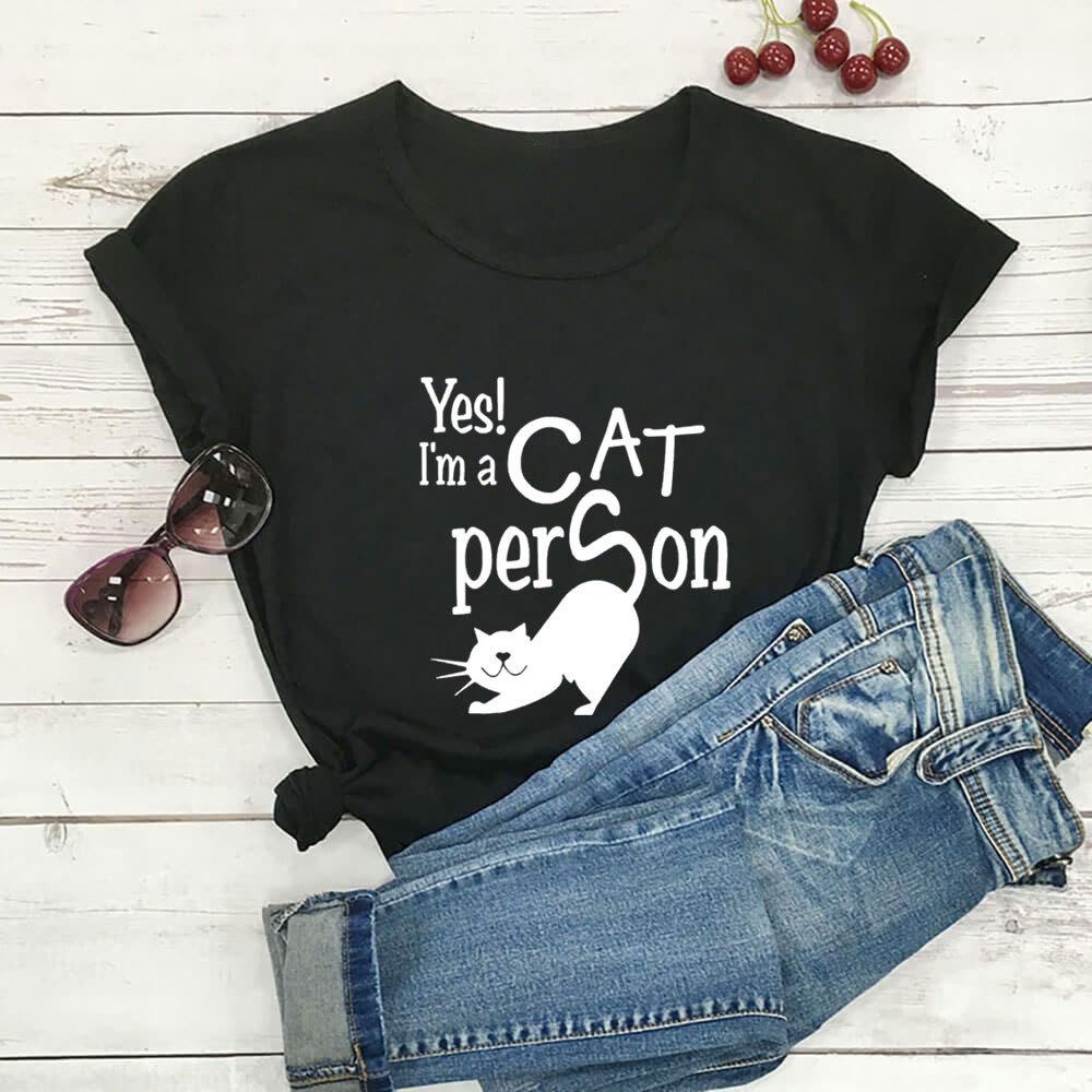 Plus Size Cat Person Letter Kurzarm-T-Shirt - Schwarz - 3XL - image 2