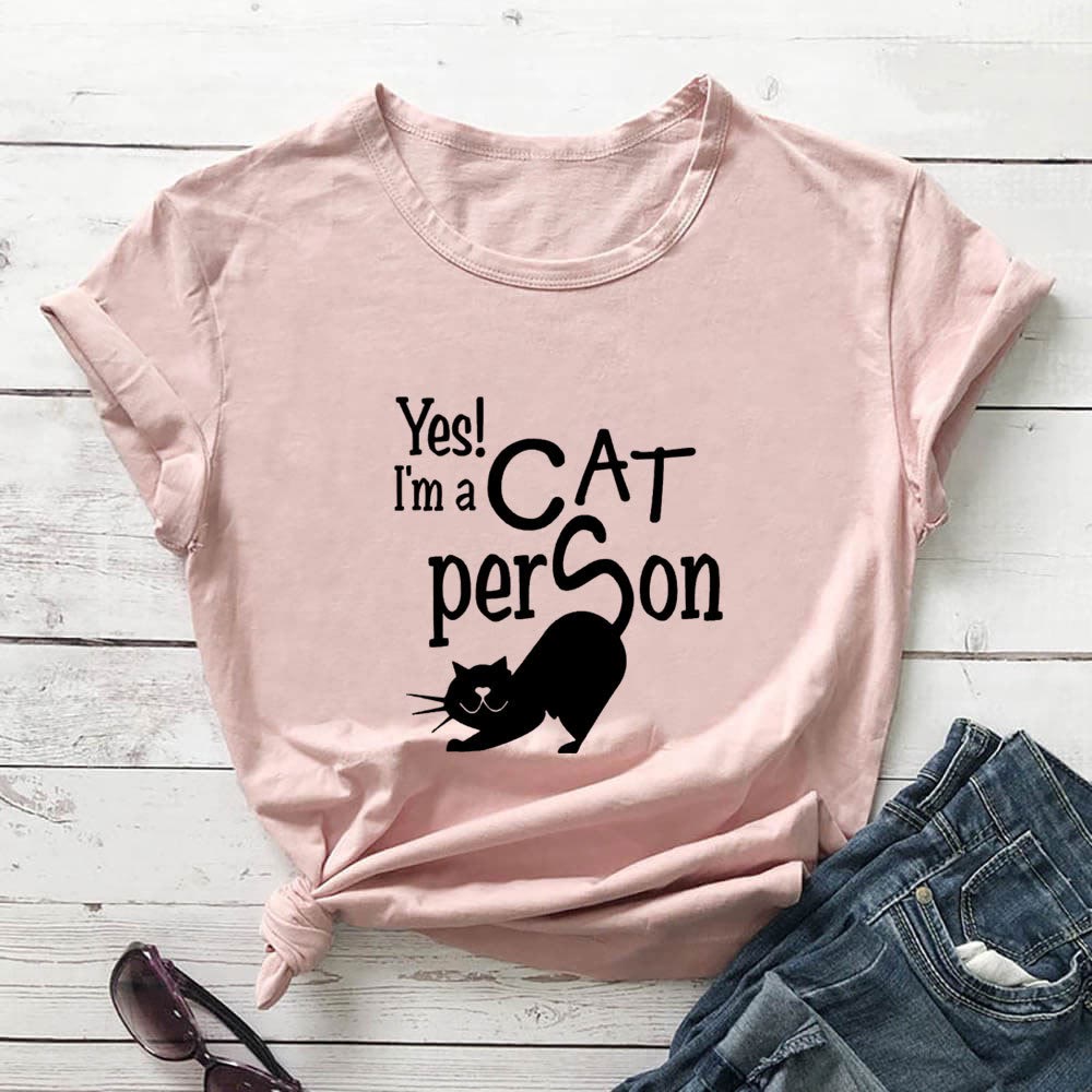 Plus Size Cat Person Letter Kurzarm-T-Shirt - Hellrosa - 3XL - image 1