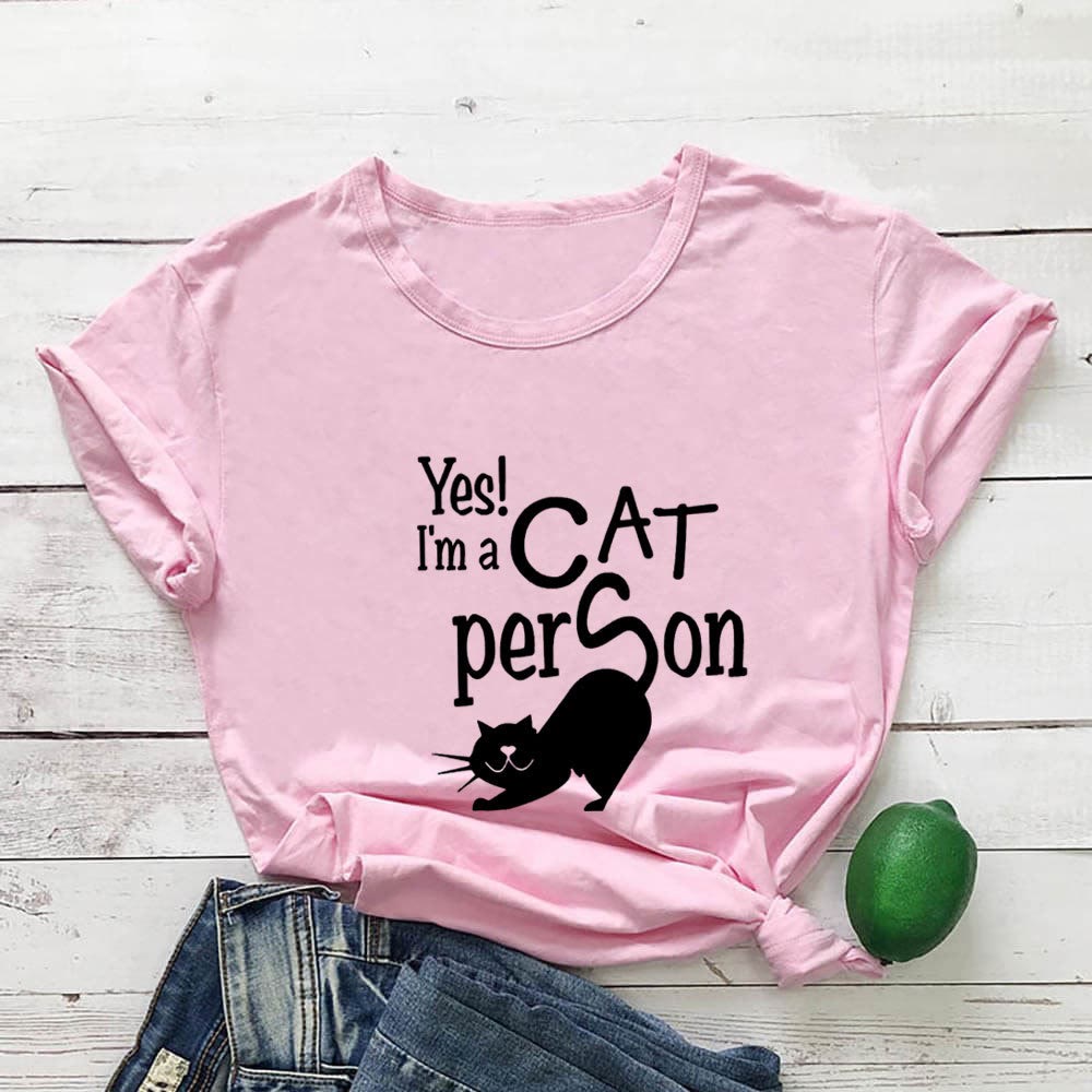 Plus Size Cat Person Letter Kurzarm-T-Shirt - Rosa - 3XL - image 3