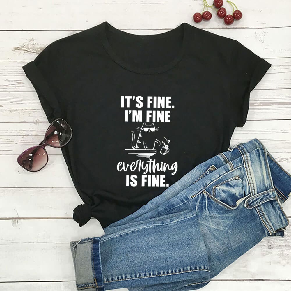 Plus Size Mischievous Cat Kurzarm-T-Shirt - Schwarz - 3XL - image 5
