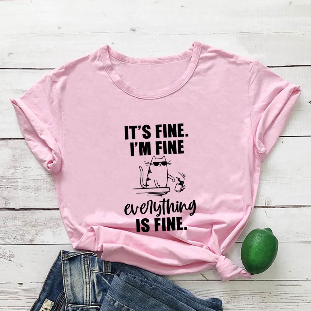 Plus Size Mischievous Cat Kurzarm-T-Shirt - Rosa - 3XL - image 3