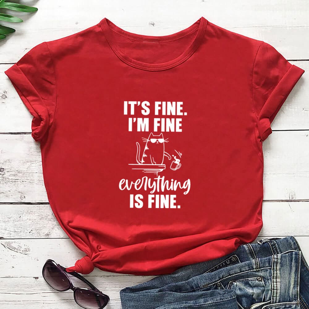 Plus Size Mischievous Cat Kurzarm-T-Shirt - Rot - 3XL - image 4