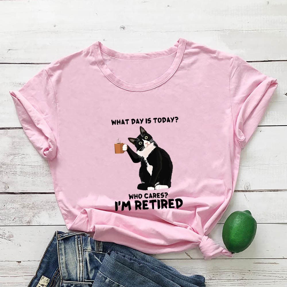 Plus Size Kurzarm-T-Shirt mit Katzenmotiv im Ruhestand - Rosa - 3XL - image 3