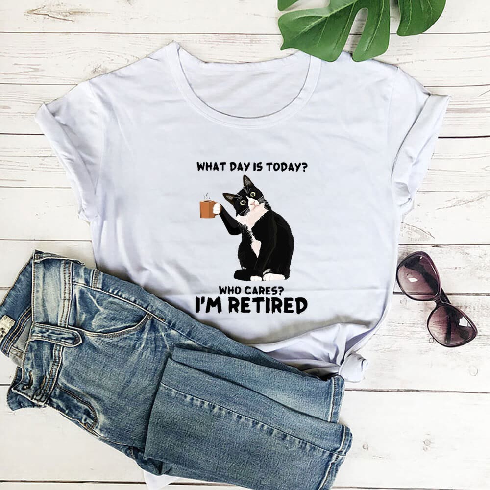 Plus Size Kurzarm-T-Shirt mit Katzenmotiv im Ruhestand - Weiß - 3XL - image 1