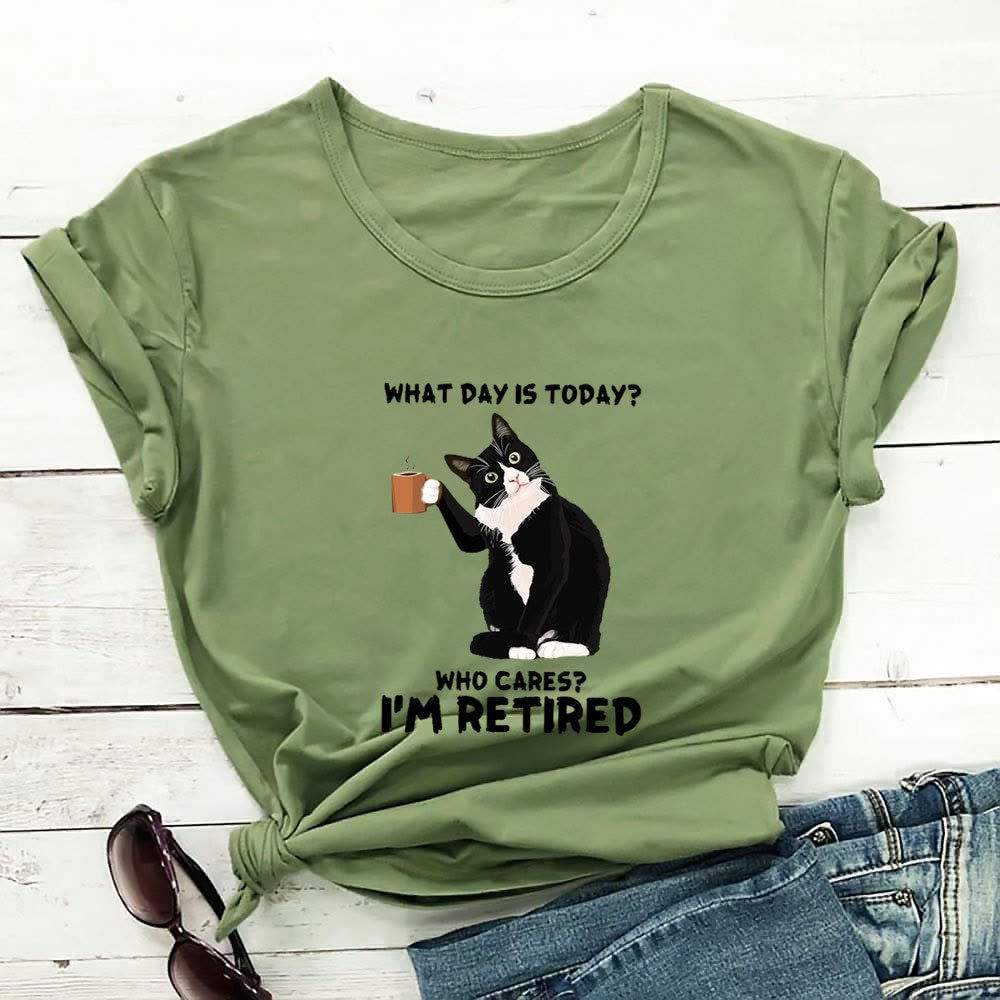 Plus Size Kurzarm-T-Shirt mit Katzenmotiv im Ruhestand - Grün - 3XL - image 0