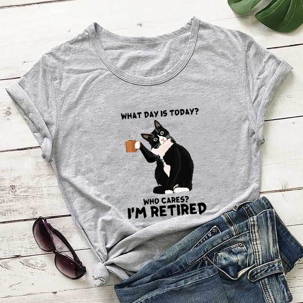Plus Size Kurzarm-T-Shirt mit Katzenmotiv im Ruhestand - Grau - 3XL - image 2