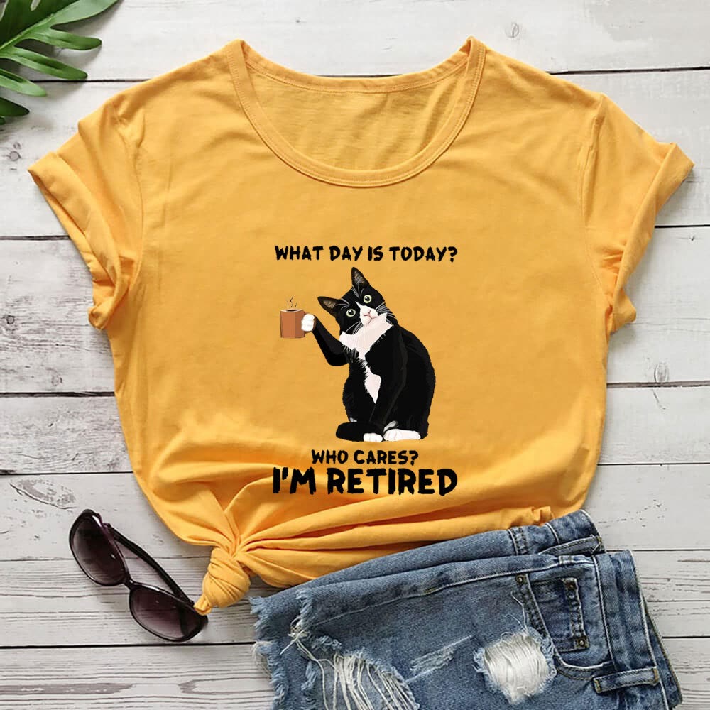 Plus Size Kurzarm-T-Shirt mit Katzenmotiv im Ruhestand - Gelb - 3XL - image 5