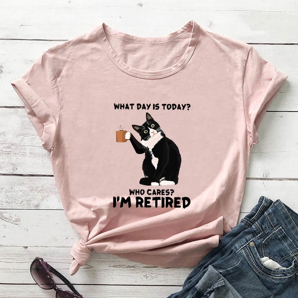 Plus Size Kurzarm-T-Shirt mit Katzenmotiv im Ruhestand - Hellrosa - 3XL - image 4