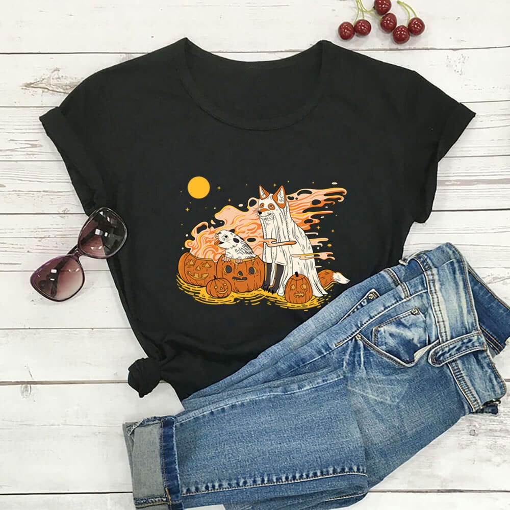 Plus Size Hunde-Kürbis-Kurzarm-T-Shirt - Schwarz - 3XL - image 4