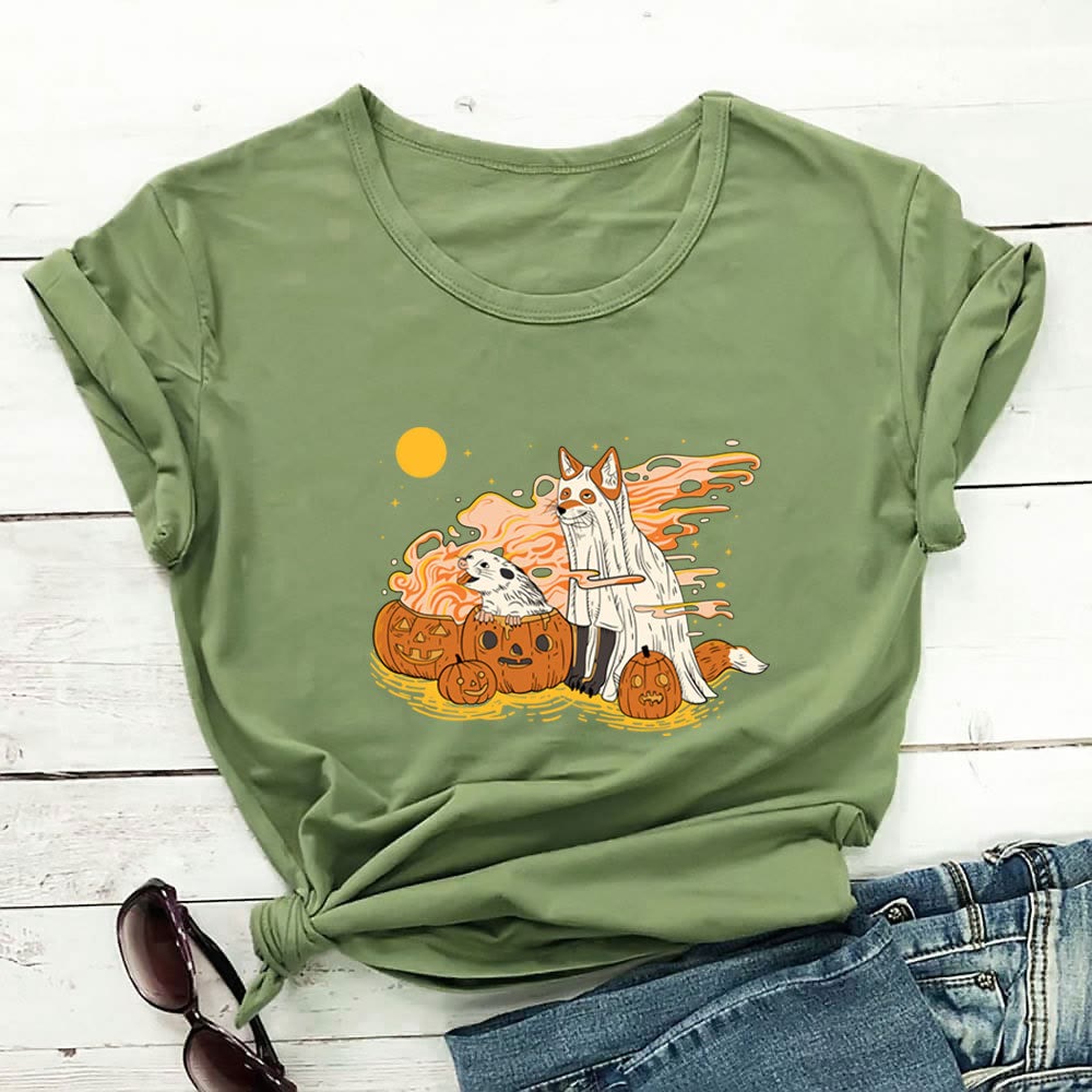 Plus Size Hunde-Kürbis-Kurzarm-T-Shirt - Grün - 3XL - image 2