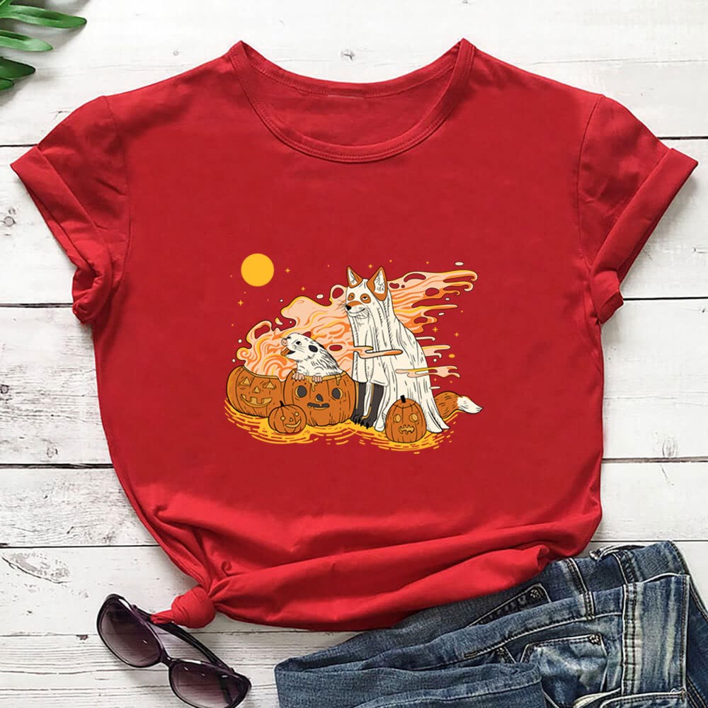 Plus Size Hunde-Kürbis-Kurzarm-T-Shirt - Rot - 3XL - image 3