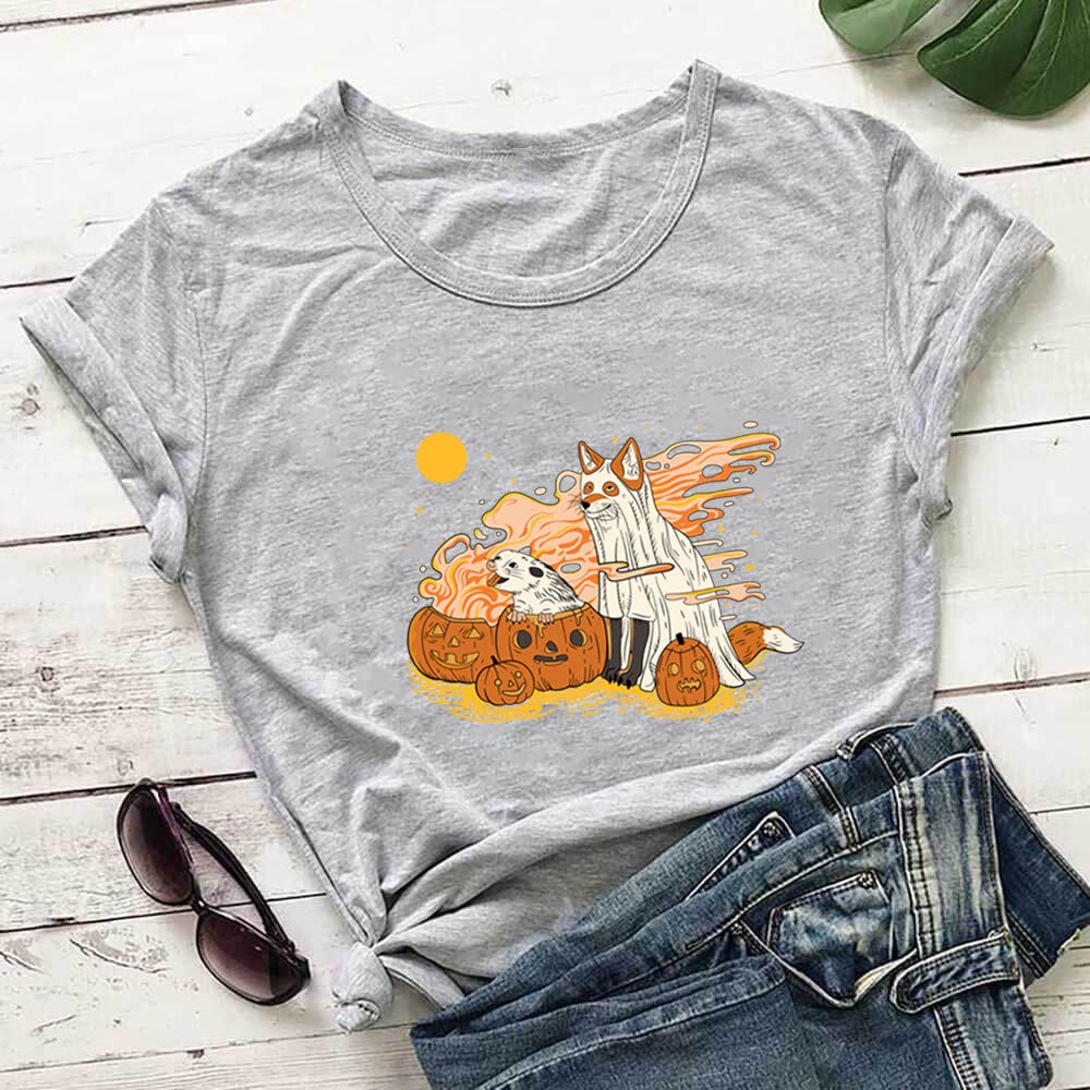 Plus Size Hunde-Kürbis-Kurzarm-T-Shirt - Grau - 3XL - image 1