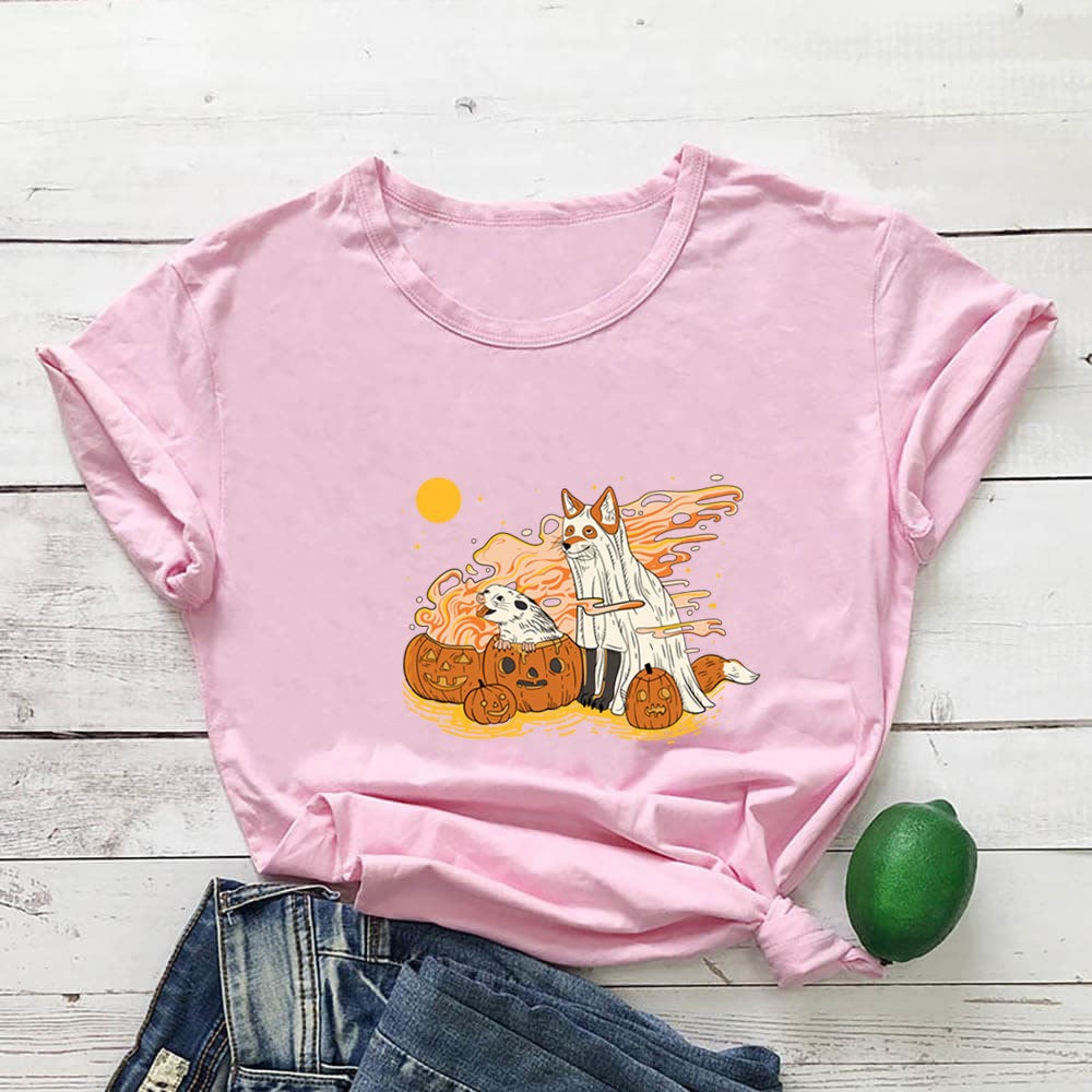 Plus Size Hunde-Kürbis-Kurzarm-T-Shirt - Rosa - 3XL - image 6