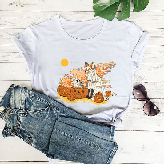 Plus Size Hunde-Kürbis-Kurzarm-T-Shirt - Weiß - 3XL - image 0