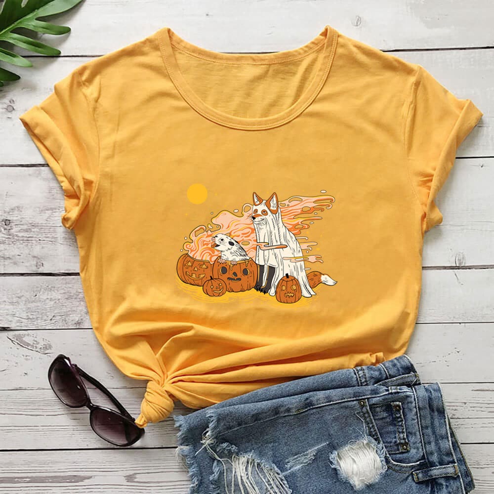 Plus Size Hunde-Kürbis-Kurzarm-T-Shirt - Gelb - 3XL - image 7