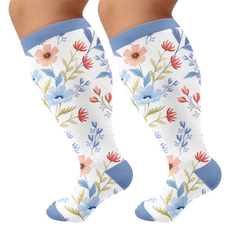 Plus Size Floral Strick-Kompressionsstrümpfe - Blau (1 Paar) - 4XL - image 8